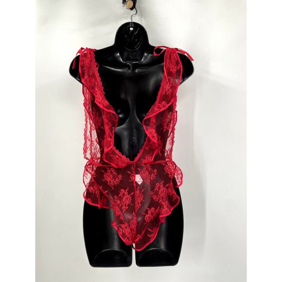 Vintage Red Lace Plunge V Neck Bodysuit - Picture 5 of 7